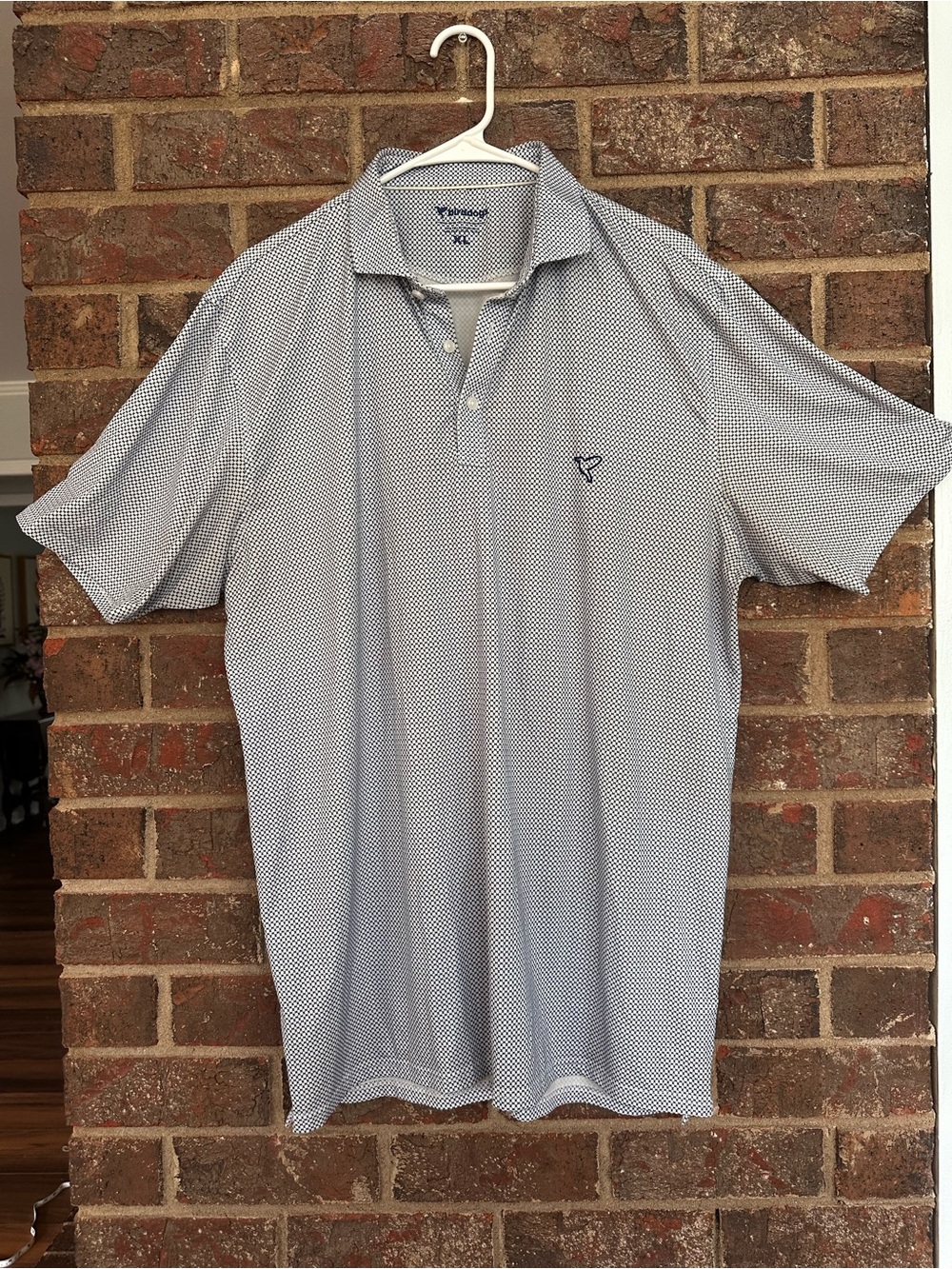 Birddogs Men's Performance Polo Shirt XL Geometric Print White Blue Short Sleeve